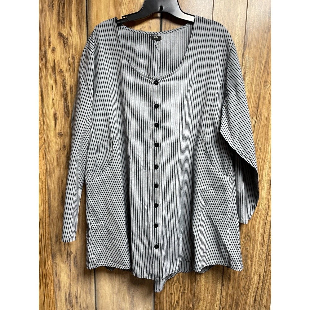 Tulip Womens Button Top Tunic Pockets Striped Black Gray XL‎ Long Sleeve Light
